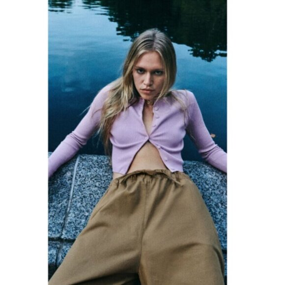 ZARA Womens Small Fitted Crop Pink Ribbed Cardigan - Picture 1 of 8